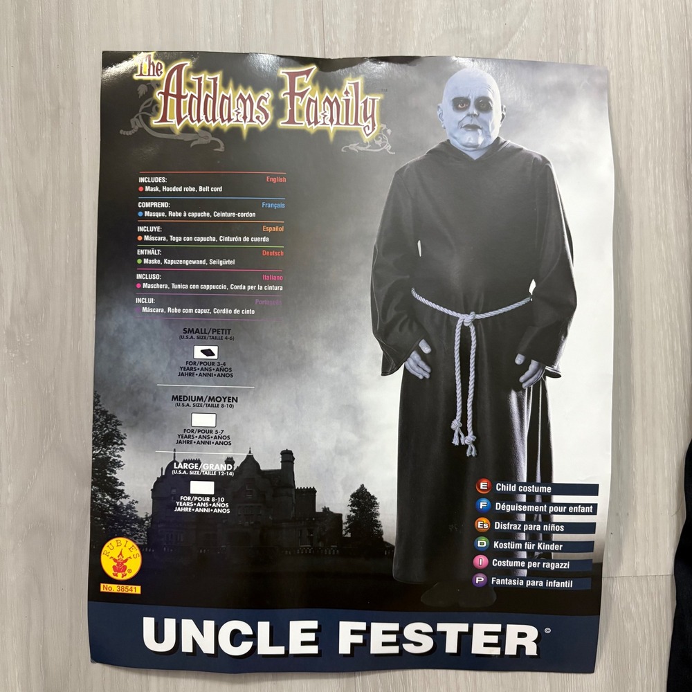The Addams Family Boys Costume Uncle Fester Halloween Dress Up Robe Mask Sz 4-6
